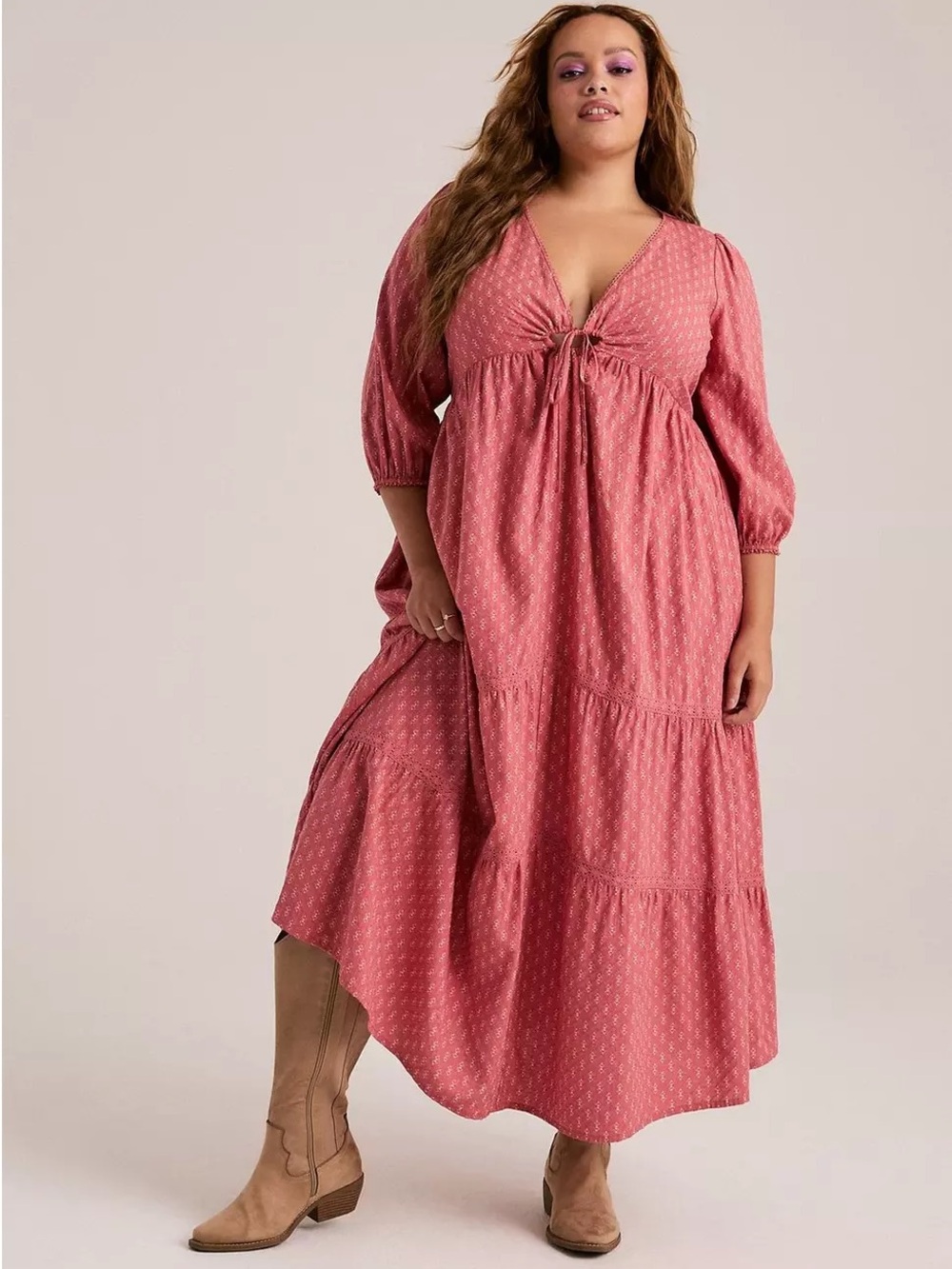 Torrid Festi Pink Patterned Blouson Sleeve Maxi Dress, Size 2x